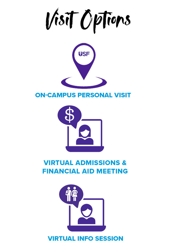 Choose the visit option that works for you: virtual info session, on-campus personal visit, virtual admissions & financial aid meeting or Saturday visits (starting in September.